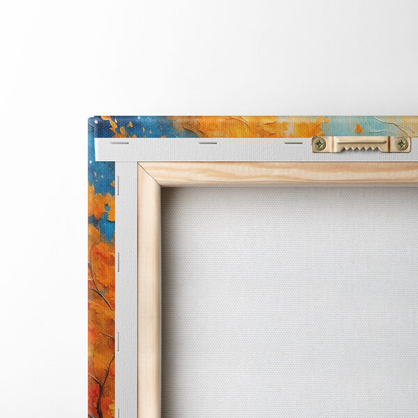 Peinture d'un arbre avec des feuilles orange et des montagnes bleues Peinture d'un arbre avec des feuilles orange et des montagnes bleues