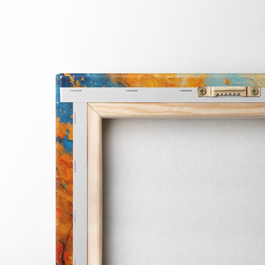 Peinture d'un arbre avec des feuilles orange et des montagnes bleues