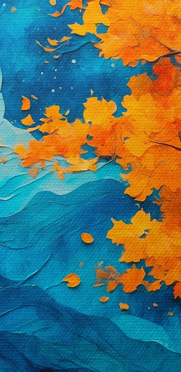 Peinture d'un arbre avec des feuilles orange et des montagnes bleues Peinture d'un arbre avec des feuilles orange et des montagnes bleues