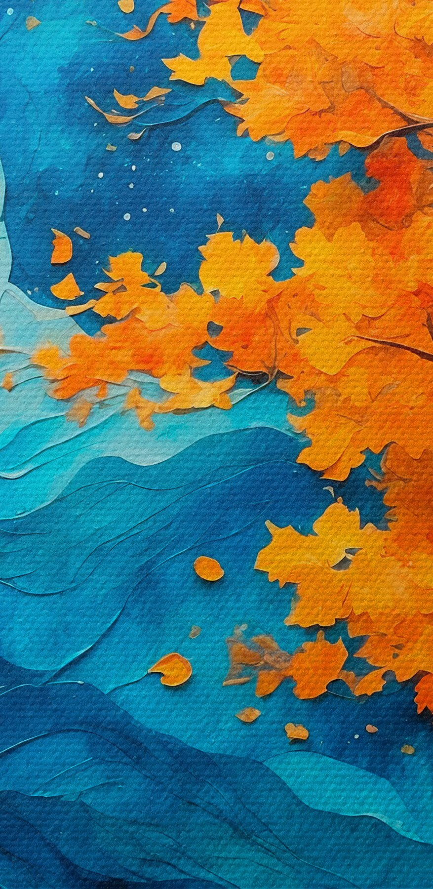 Peinture d'un arbre avec des feuilles orange et des montagnes bleues