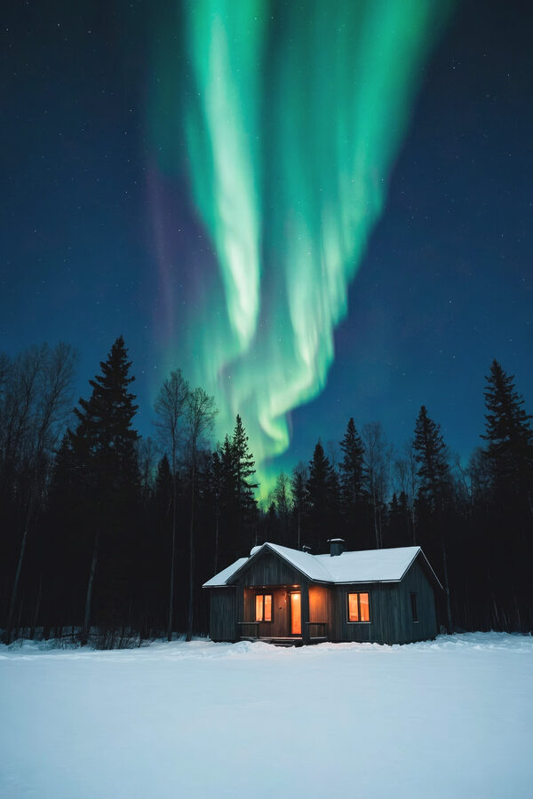 Maison dans la neige avec des lumières vertes dans le ciel Maison dans la neige avec des lumières vertes dans le ciel