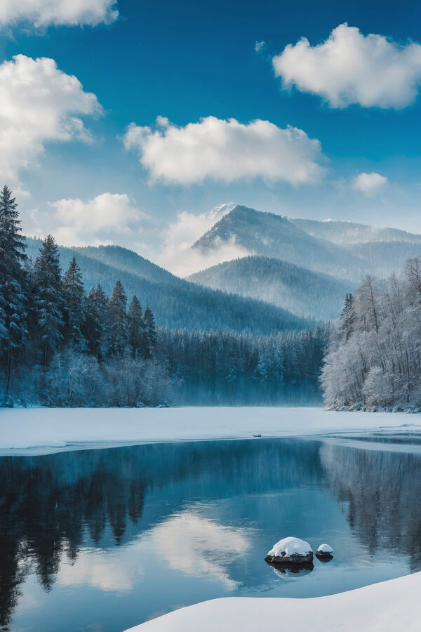 Lac avec neige et arbres en arrière-plan Lac avec neige et arbres en arrière-plan