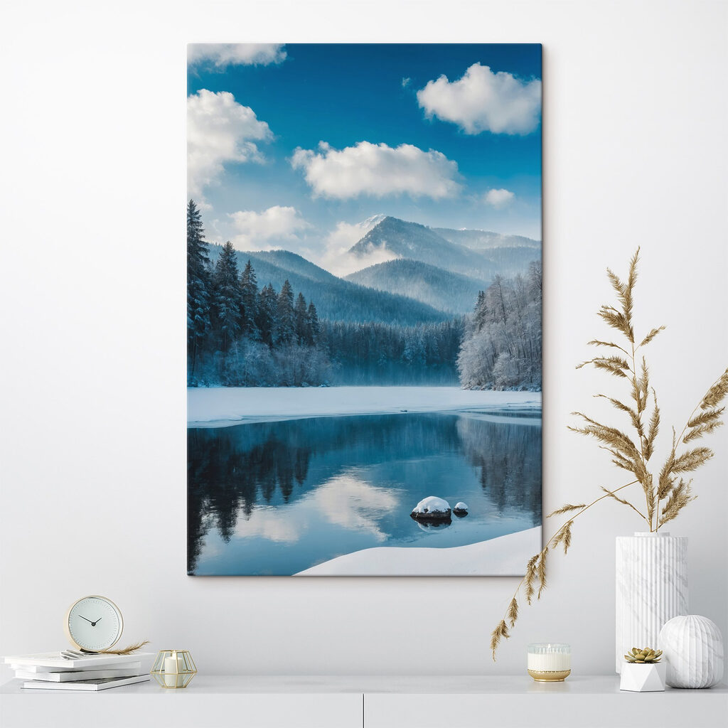 Lake with snow and trees in the background Lake with snow and trees in the background