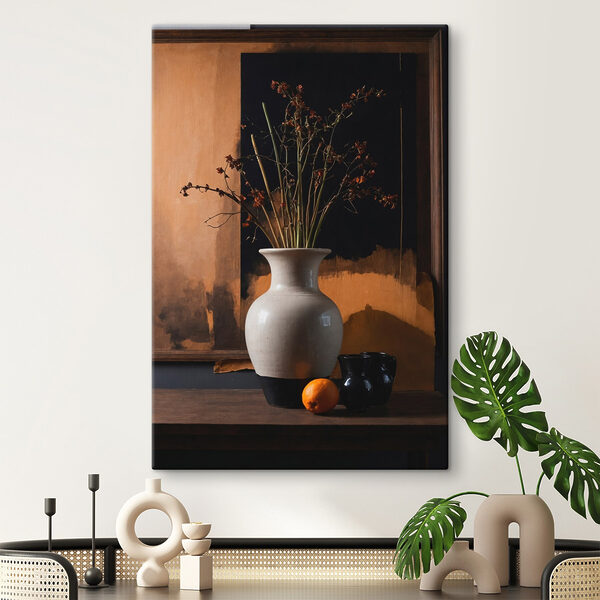 Vase avec fleurs séchées et oranges Vase avec fleurs séchées et oranges
