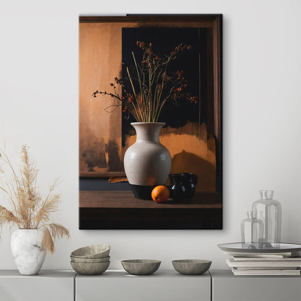 Vase avec fleurs séchées et oranges Vase avec fleurs séchées et oranges
