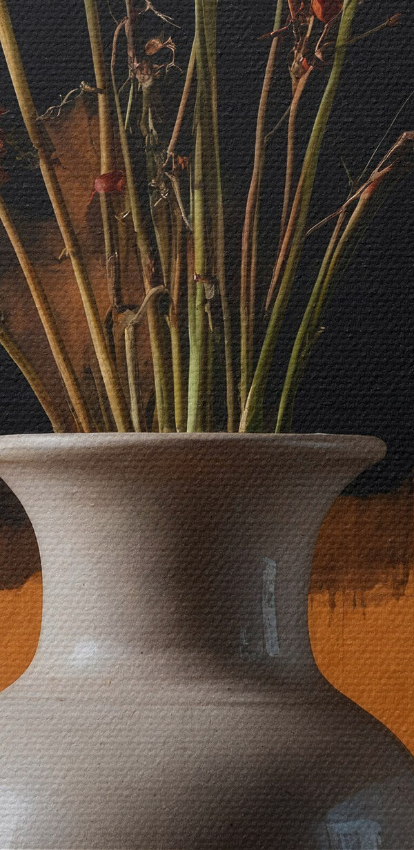 Vase avec fleurs séchées et oranges Vase avec fleurs séchées et oranges
