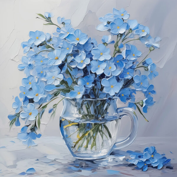 Peinture de fleurs bleues dans un vase en verre Peinture de fleurs bleues dans un vase en verre