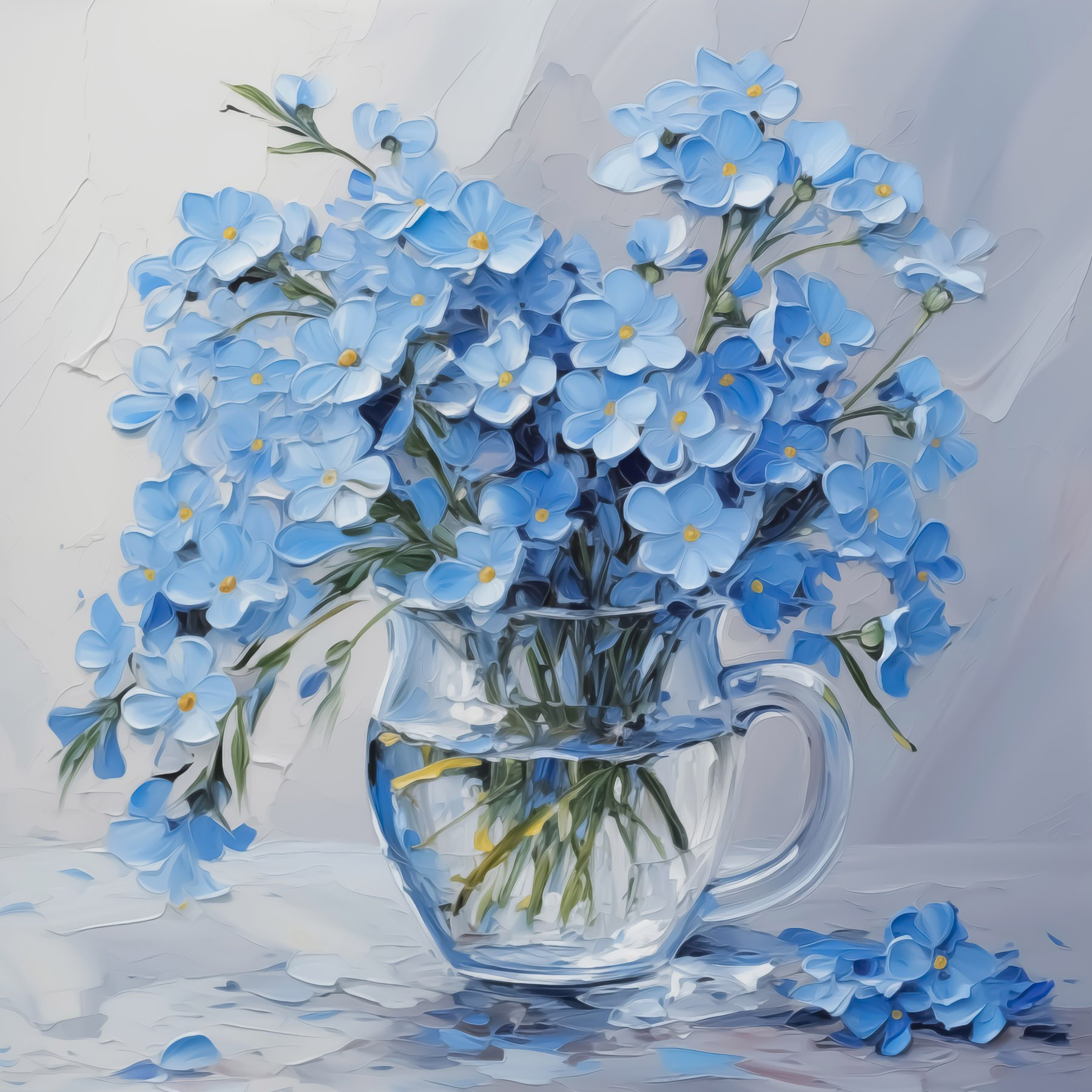 Painting of blue flowers in a glass vase