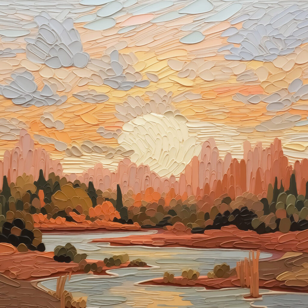 Painting of a river and trees