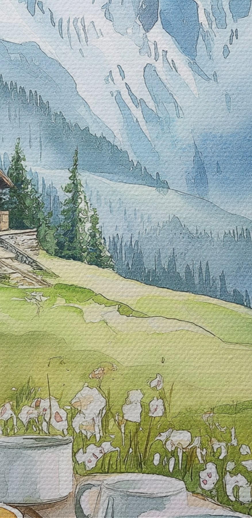 Table avec des assiettes de nourriture et des tasses, avec des montagnes en arrière-plan