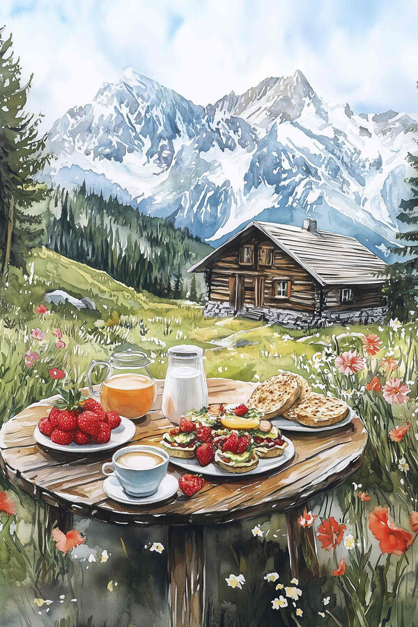 Table avec de la nourriture et des boissons devant une montagne Table avec de la nourriture et des boissons devant une montagne