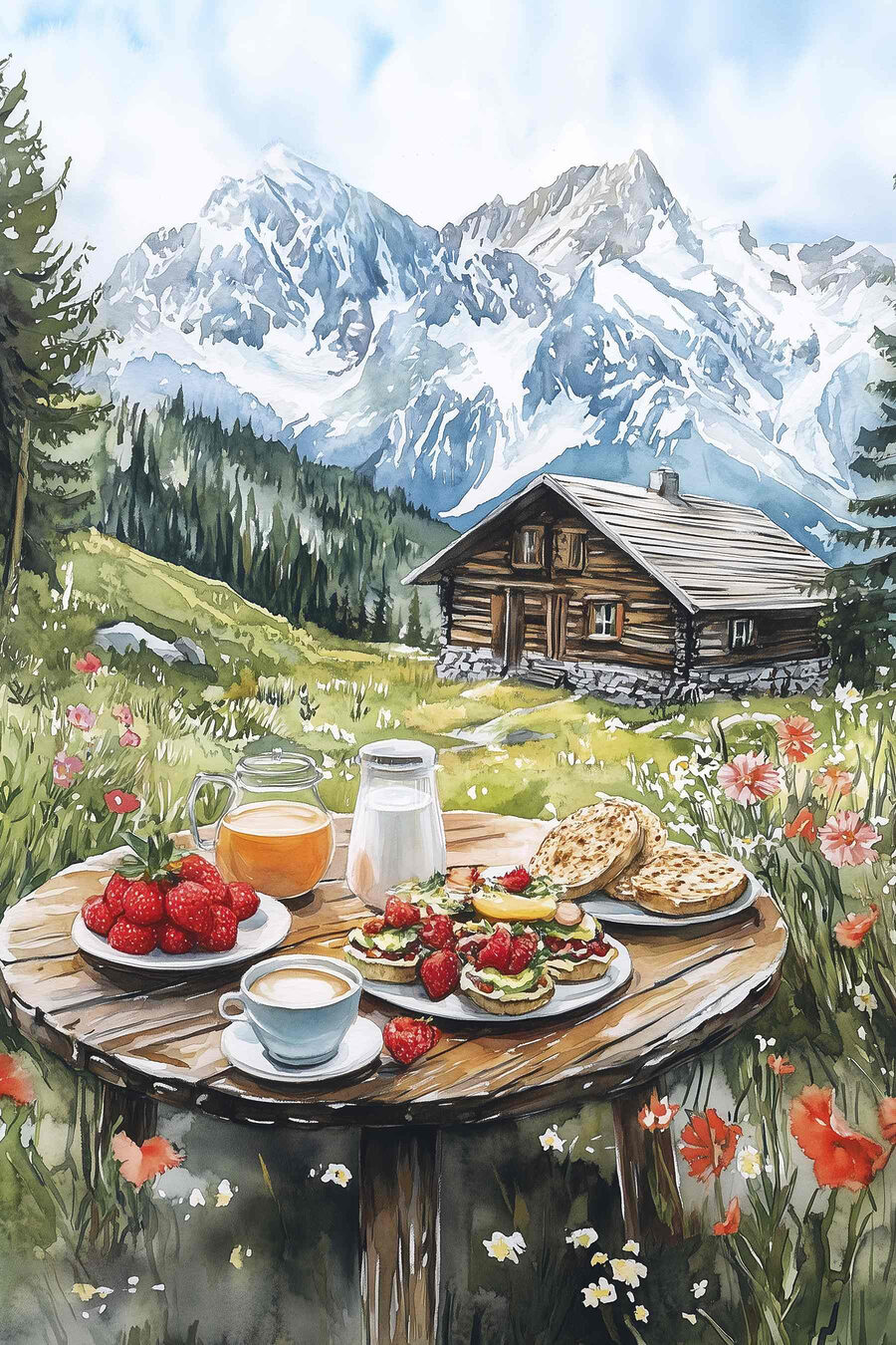 Table avec de la nourriture et des boissons devant une montagne Table avec de la nourriture et des boissons devant une montagne
