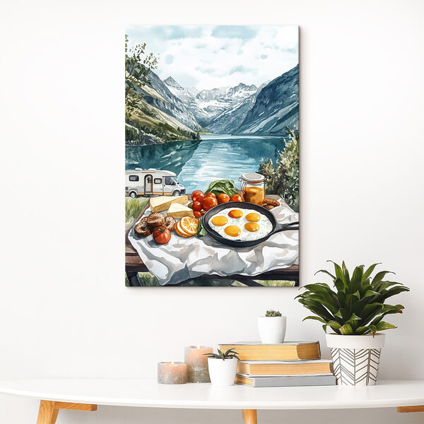 Nourriture sur une table au bord d'un lac Nourriture sur une table au bord d'un lac