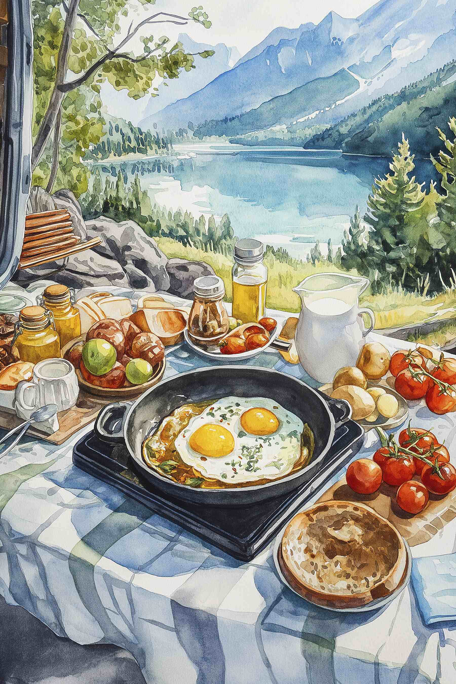 Poêle de nourriture et casserole d'œufs sur une table avec un lac en arrière-plan