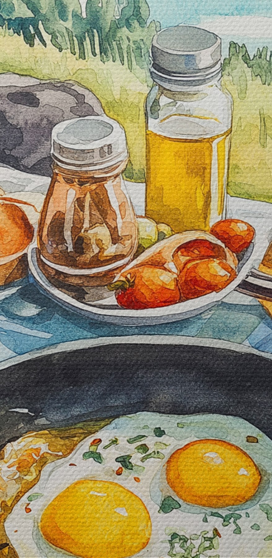 Poêle de nourriture et casserole d'œufs sur une table avec un lac en arrière-plan