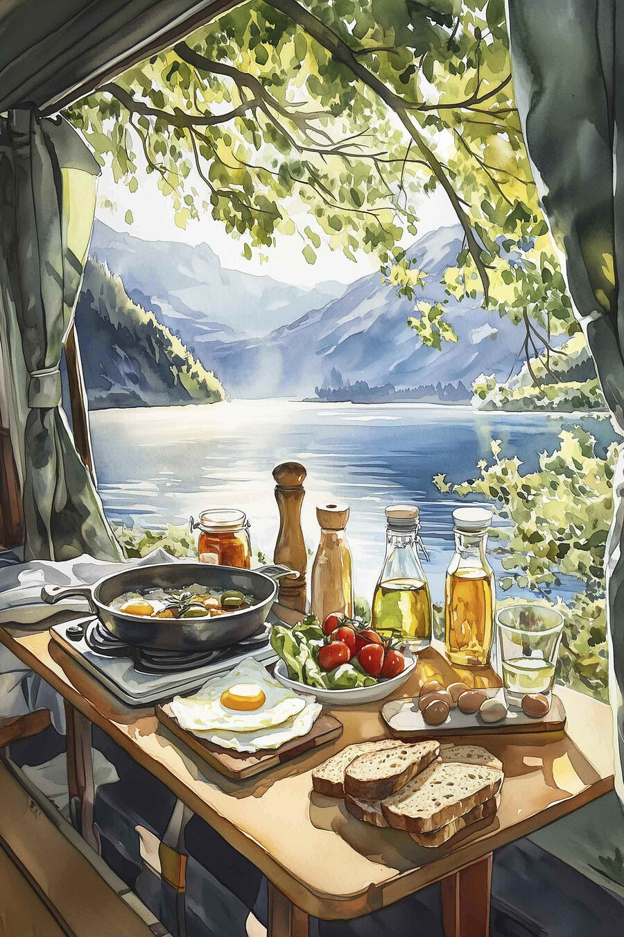 Table avec nourriture et boissons au bord d'un lac