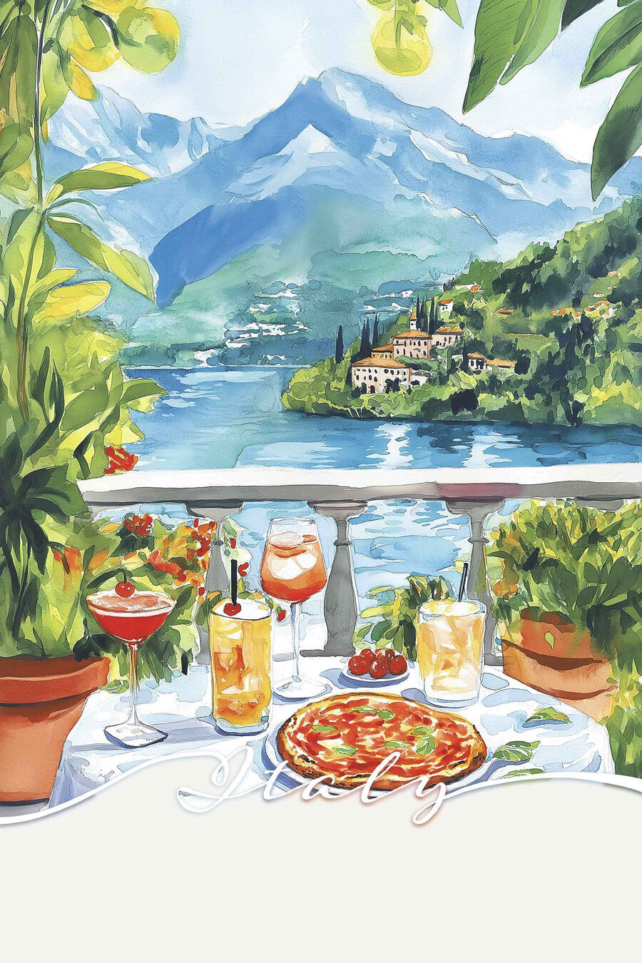 Peinture à l'aquarelle d'une table avec des boissons et une vue sur un lac