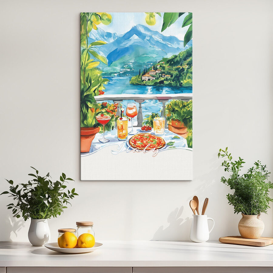 Peinture à l'aquarelle d'une table avec des boissons et une vue sur un lac