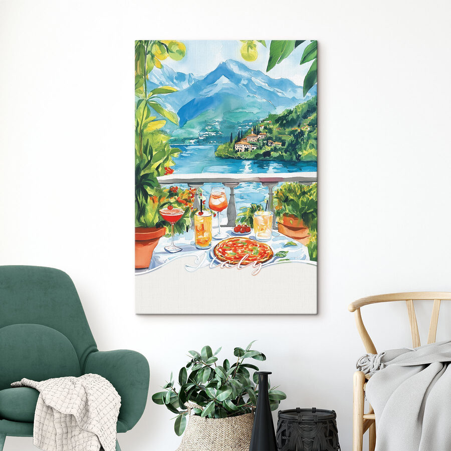 Peinture à l'aquarelle d'une table avec des boissons et une vue sur un lac