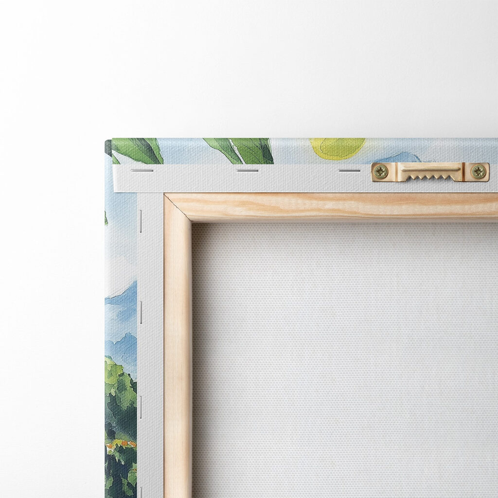 Watercolor painting of a table with drinks and a view of a lake