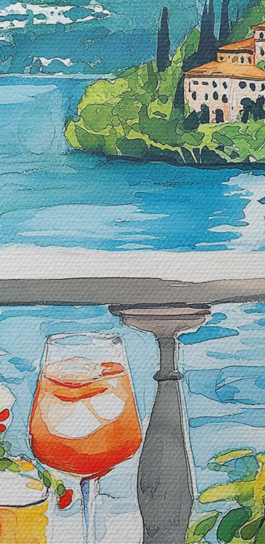 Peinture à l'aquarelle d'une table avec des boissons et une vue sur un lac