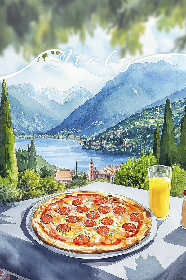 Pizza et jus de fruits sur une table avec des montagnes et des arbres Pizza et jus de fruits sur une table avec des montagnes et des arbres