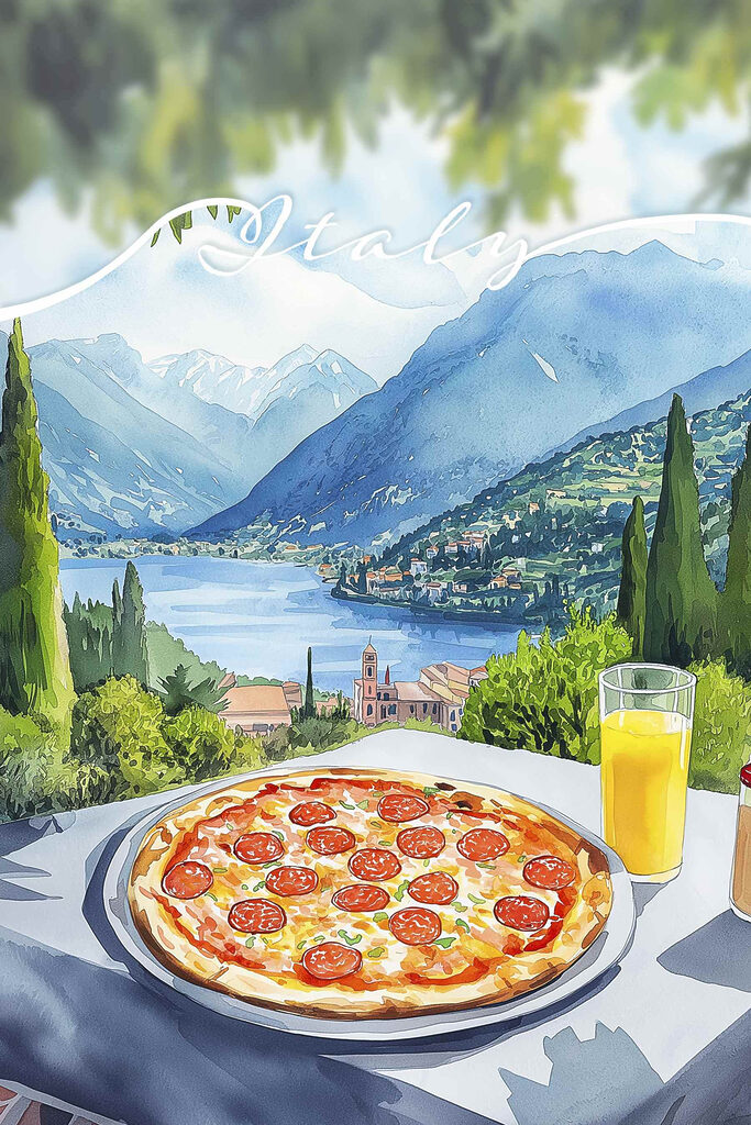 Pizza and juice on a table with mountains and trees