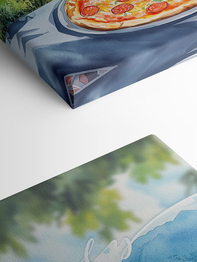 Pizza and juice on a table with mountains and trees