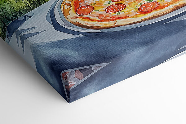 Pizza et jus de fruits sur une table avec des montagnes et des arbres Pizza et jus de fruits sur une table avec des montagnes et des arbres
