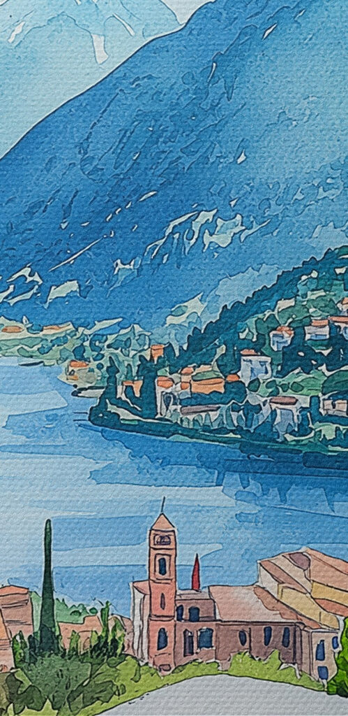 Pizza and juice on a table with mountains and trees