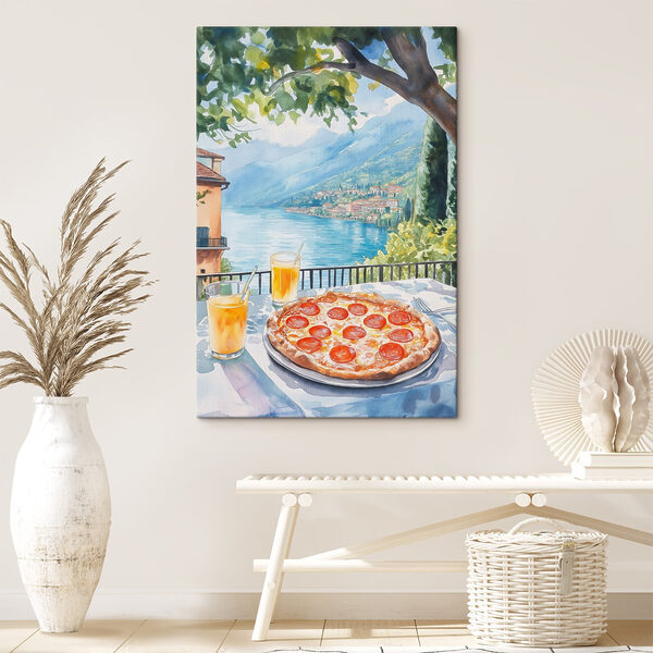 Peinture à l'aquarelle d'une pizza et de boissons sur une table Peinture à l'aquarelle d'une pizza et de boissons sur une table