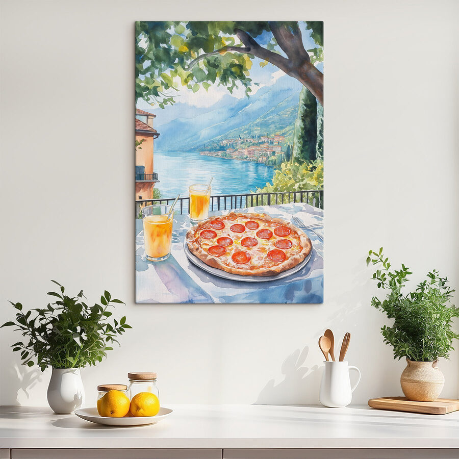 Peinture à l'aquarelle d'une pizza et de boissons sur une table Peinture à l'aquarelle d'une pizza et de boissons sur une table