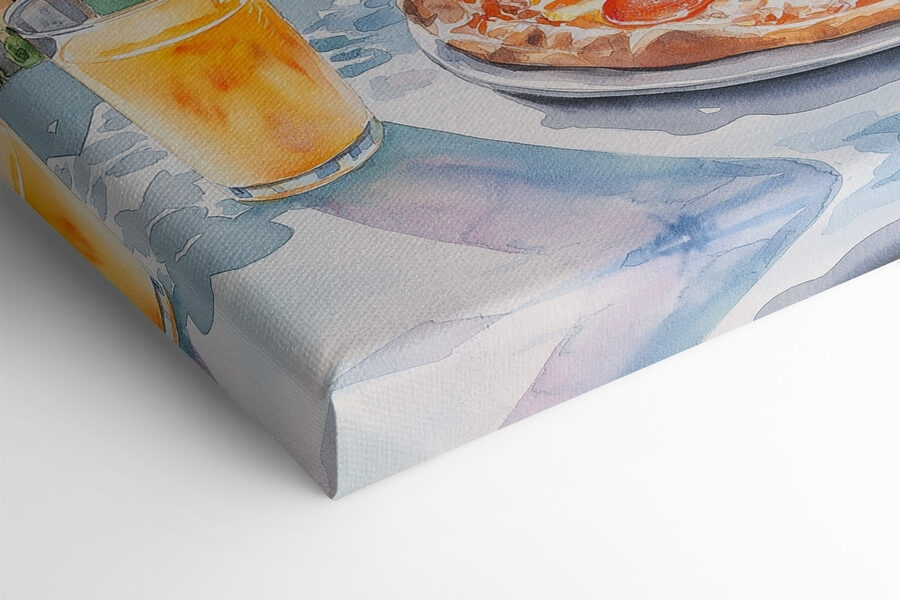 Peinture à l'aquarelle d'une pizza et de boissons sur une table Peinture à l'aquarelle d'une pizza et de boissons sur une table