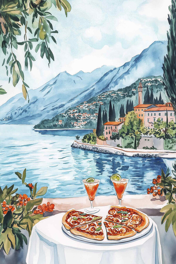 Peinture à l'aquarelle d'une table avec de la nourriture et un lac en arrière-plan Peinture à l'aquarelle d'une table avec de la nourriture et un lac en arrière-plan
