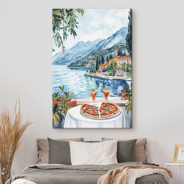 Peinture à l'aquarelle d'une table avec de la nourriture et un lac en arrière-plan Peinture à l'aquarelle d'une table avec de la nourriture et un lac en arrière-plan
