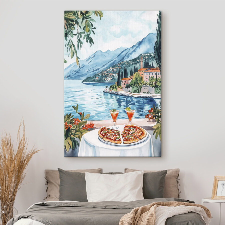 Peinture à l'aquarelle d'une table avec de la nourriture et un lac en arrière-plan