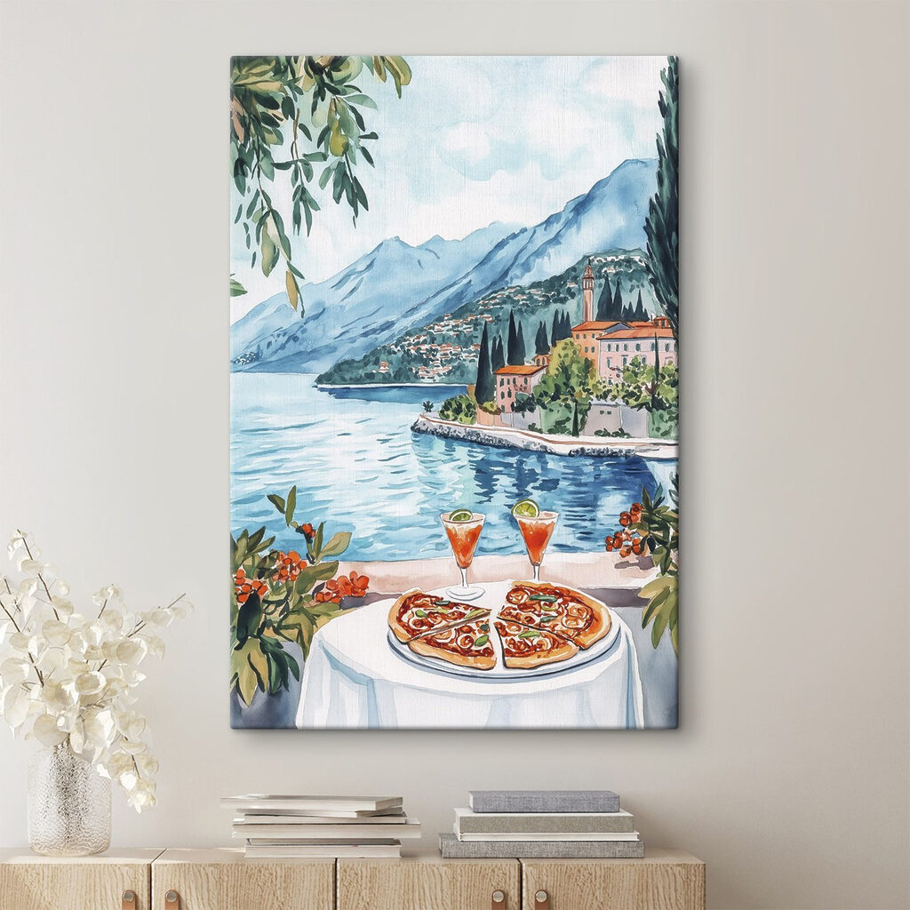 Watercolor painting of a table with food and a lake in the background
