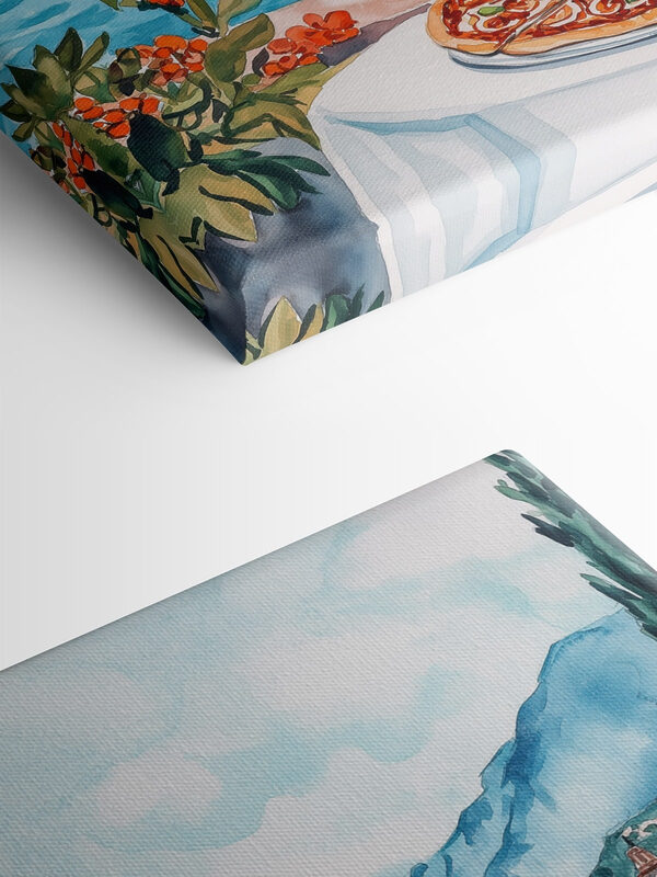 Peinture à l'aquarelle d'une table avec de la nourriture et un lac en arrière-plan Peinture à l'aquarelle d'une table avec de la nourriture et un lac en arrière-plan