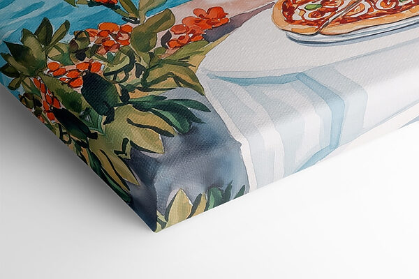 Peinture à l'aquarelle d'une table avec de la nourriture et un lac en arrière-plan Peinture à l'aquarelle d'une table avec de la nourriture et un lac en arrière-plan