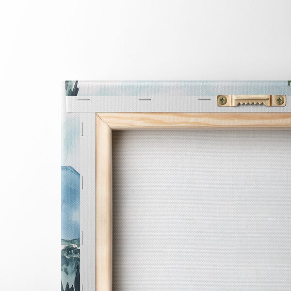 Peinture à l'aquarelle d'une table avec de la nourriture et un lac en arrière-plan Peinture à l'aquarelle d'une table avec de la nourriture et un lac en arrière-plan