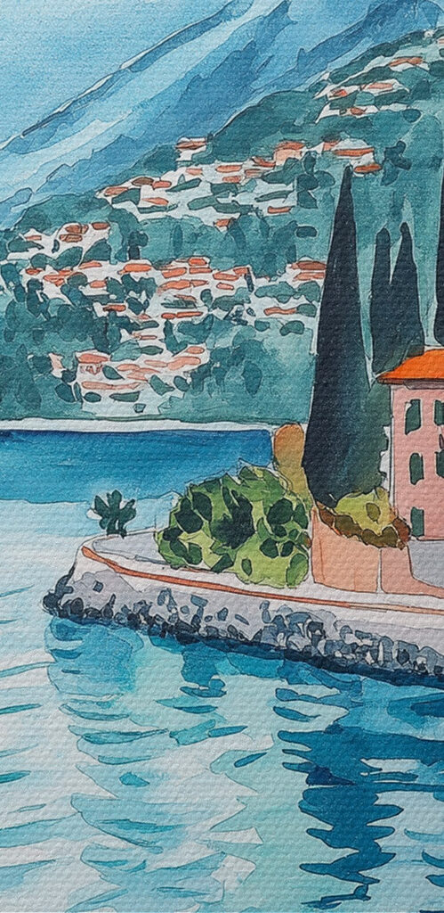 Watercolor painting of a table with food and a lake in the background