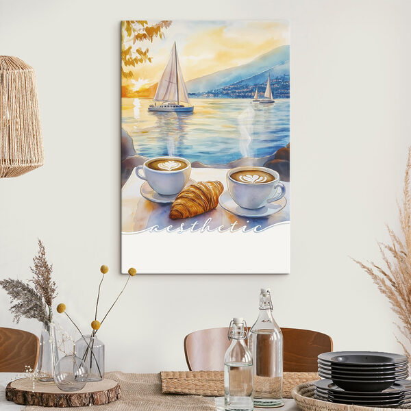 Deux tasses de café et un croissant sur une table avec un voilier en arrière-plan Deux tasses de café et un croissant sur une table avec un voilier en arrière-plan
