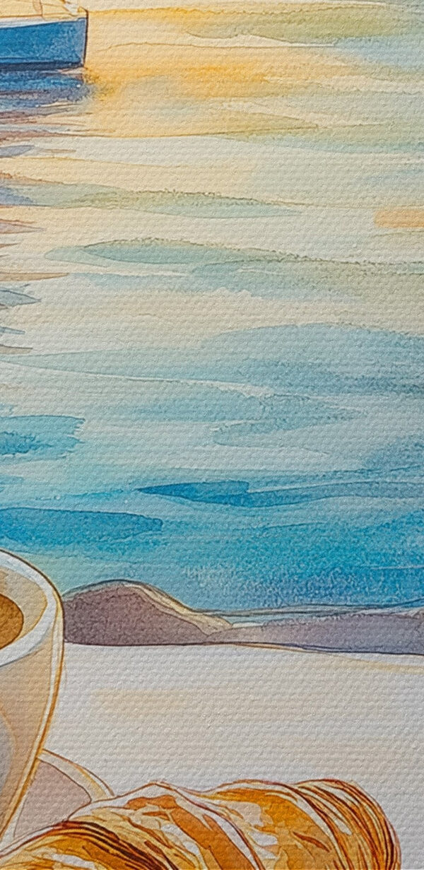 Deux tasses de café et un croissant sur une table avec un voilier en arrière-plan Deux tasses de café et un croissant sur une table avec un voilier en arrière-plan