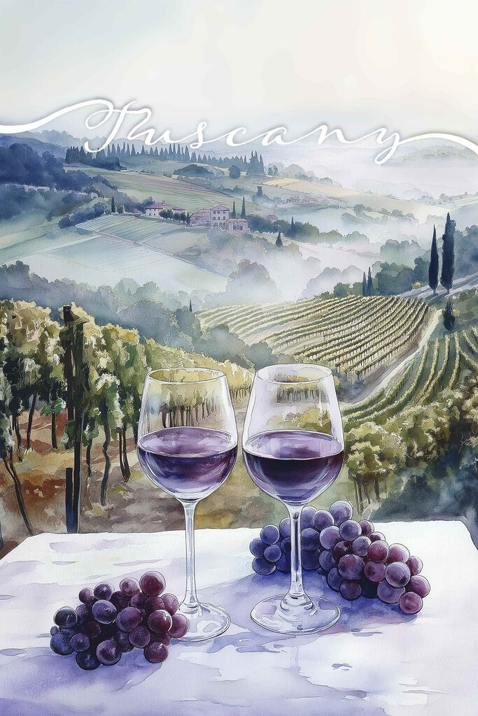 Watercolor painting of wine glasses and grapes on a table