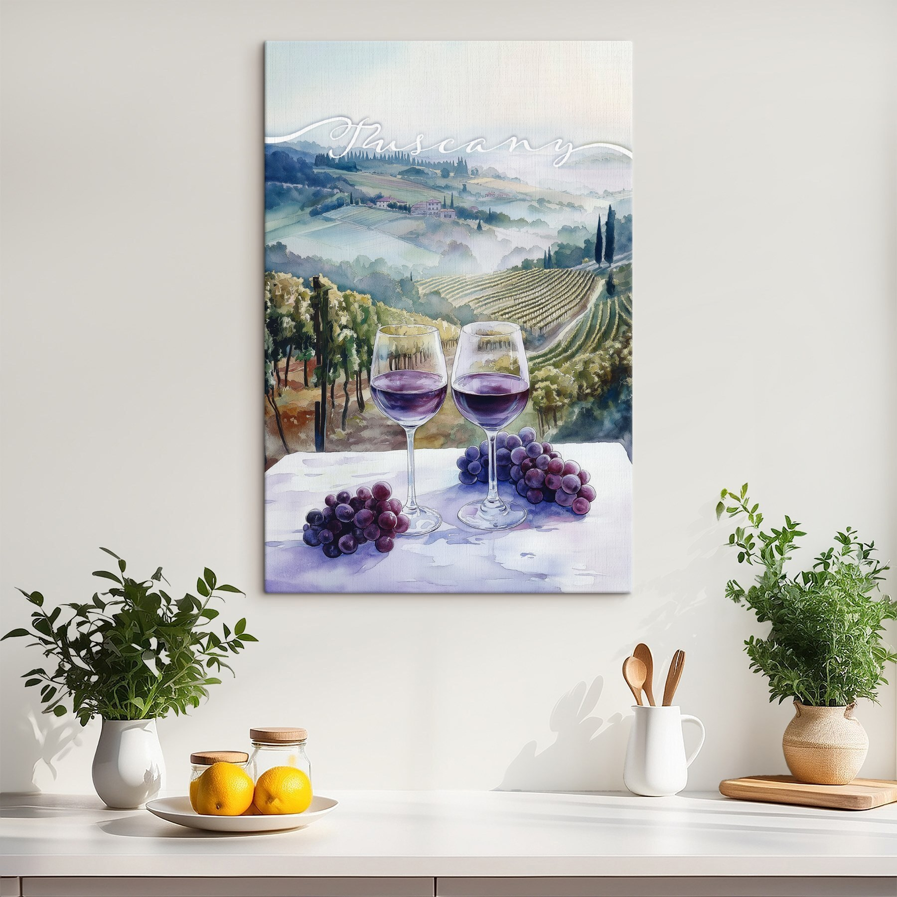 Watercolor painting of wine glasses and grapes on a table