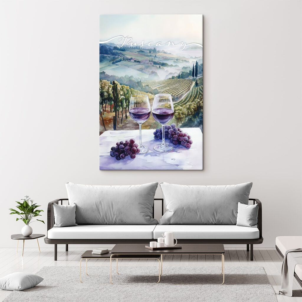 Watercolor painting of wine glasses and grapes on a table