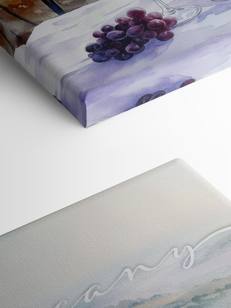 Watercolor painting of wine glasses and grapes on a table