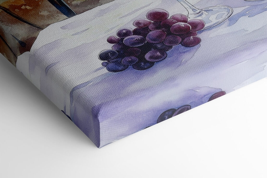 Watercolor painting of wine glasses and grapes on a table