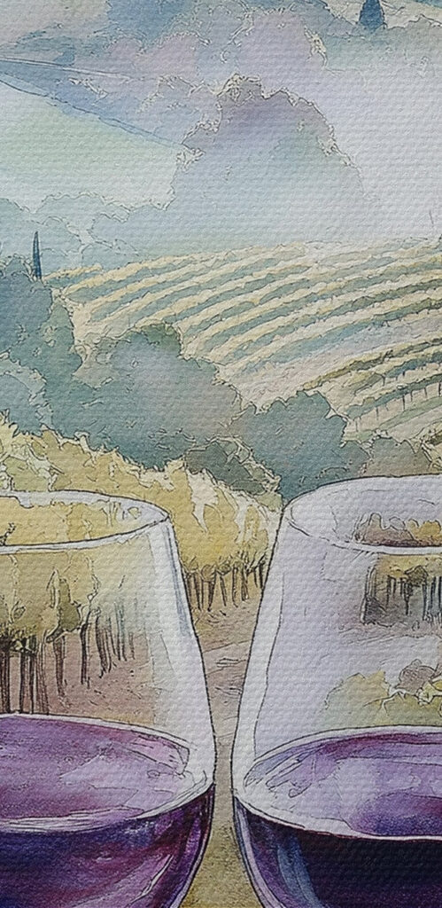 Watercolor painting of wine glasses and grapes on a table