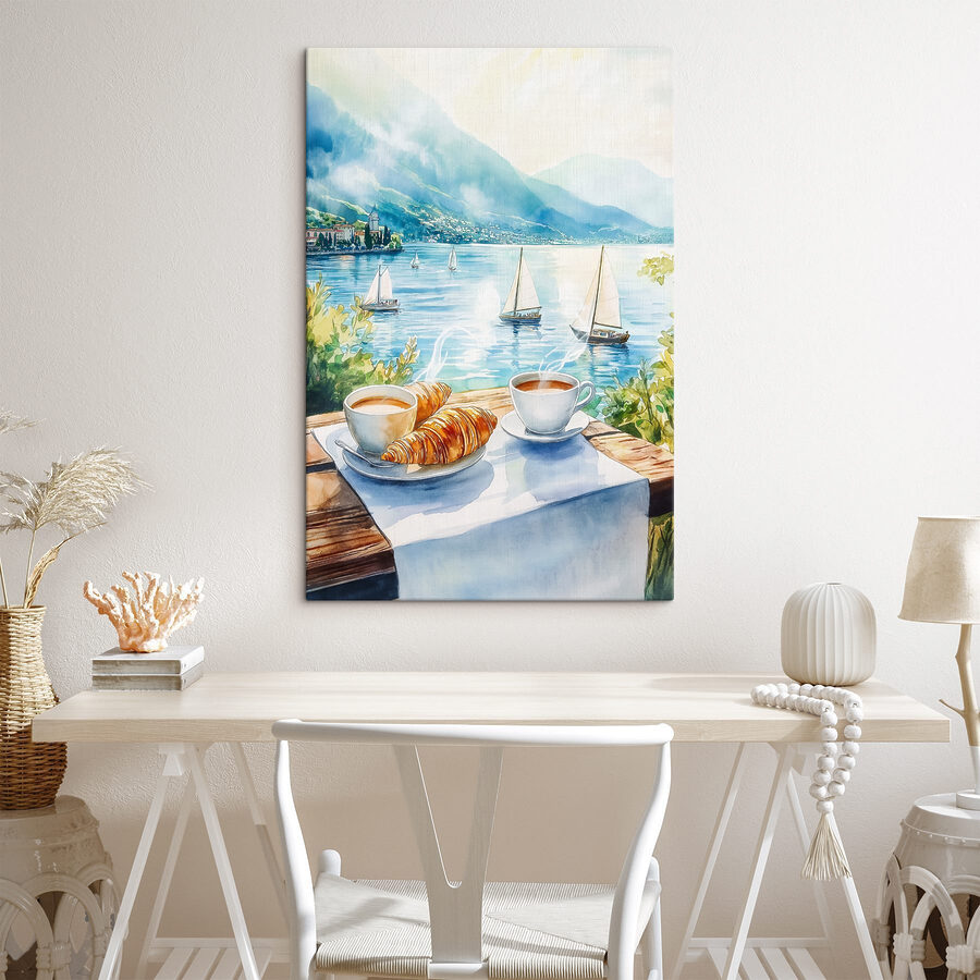 Peinture à l'aquarelle d'une table sur laquelle sont posés du café et des croissants
